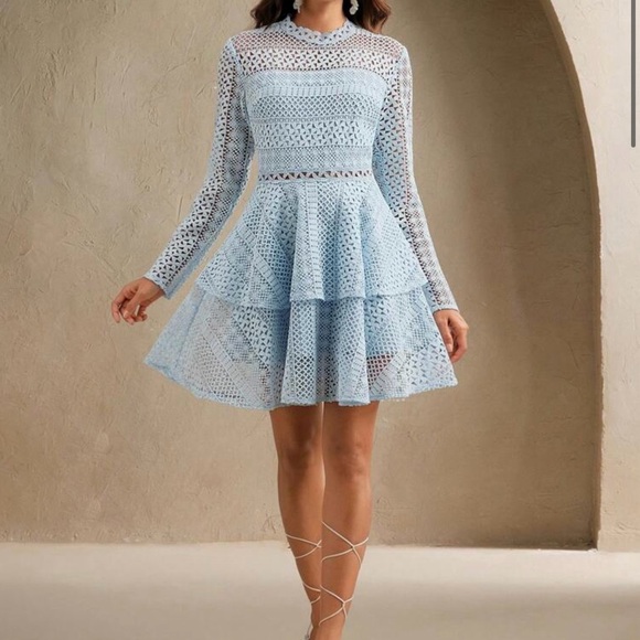 Anewsta Dresses & Skirts - Anewsta Light Blue Lace Peplum Tiered Dress- size XL
